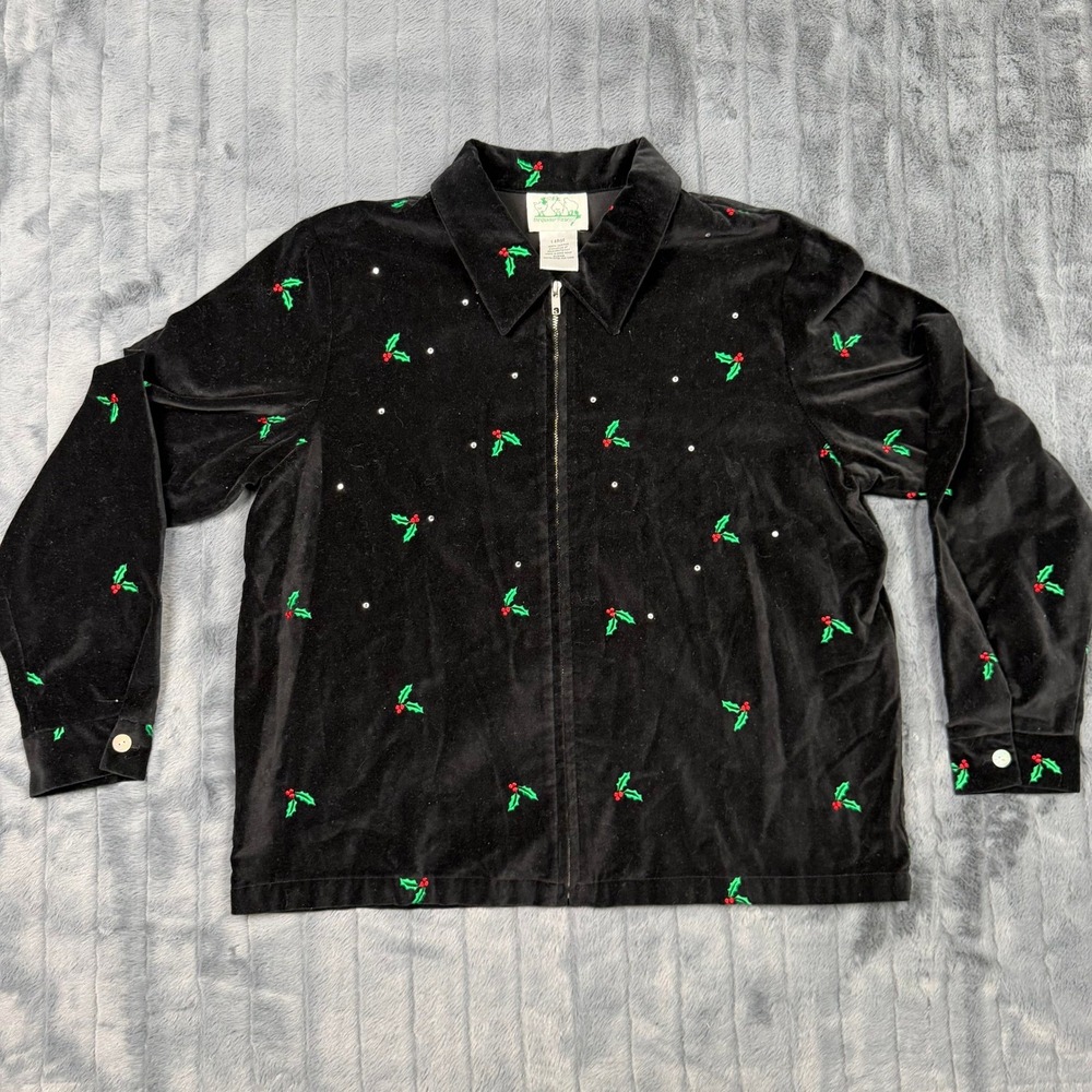 Quacker Factory Christmas Holly Velvet Zip Up Jacket Rhinestone Black Large